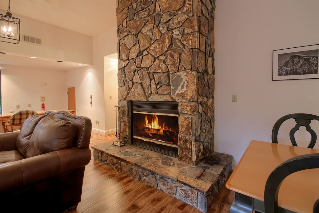 Grand Stone Fireplace in the Lodge Living Room.