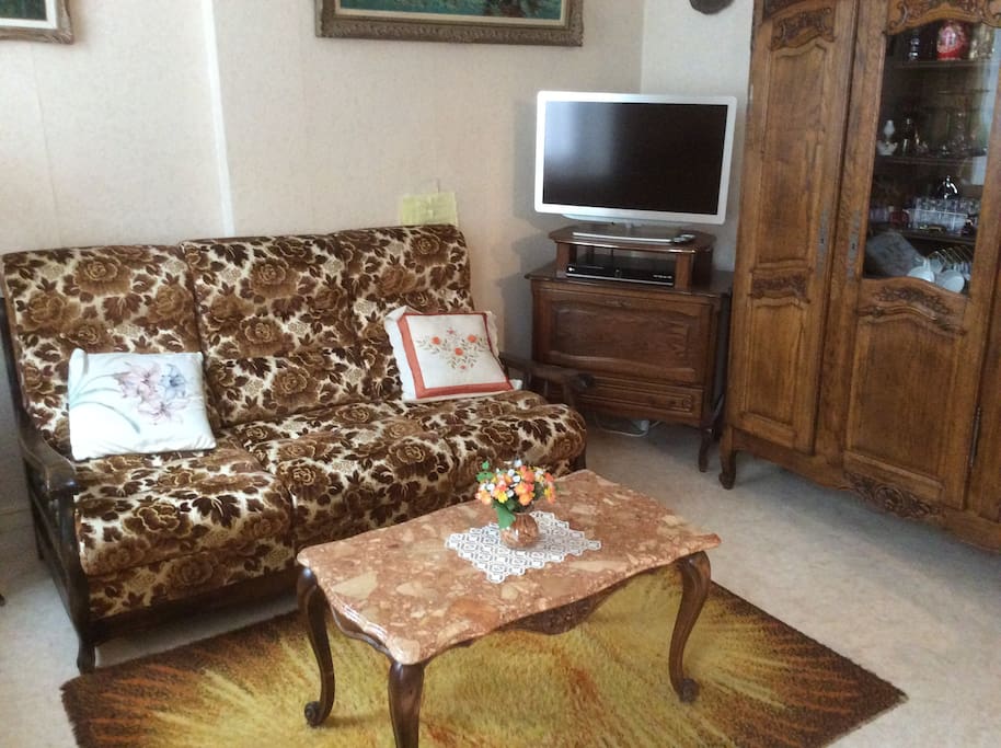 salon, salle à manger avec TV écran plat