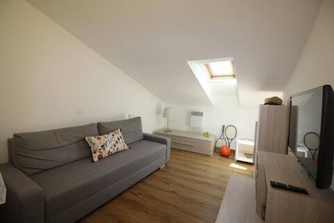 Აქ, მისაღებ ოთახში, შეგიძლიათ იპოვოთ დიდი და ძალიან ადვილად გასახსნელი გასაშლელი დივანი. Საბნების შიგნით, პლედები, უჯრაში მდგარი 2 ბალიში , ზეწრები ზემოთ და ქვემოთ , სეზონური გადასაფარებელი; შეგიძლიათ დახუროთ მისაღები ოთახი კარით 