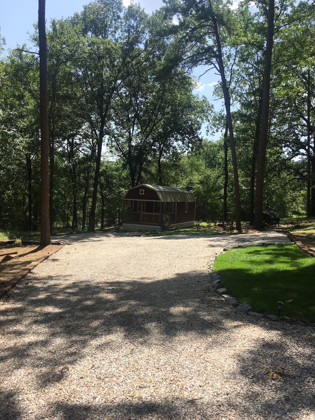 A gravel driveway leads to a charming tiny house surrounded by tall trees. Sunlight filters through the leaves, casting playful shadows on the path. The cabin's red exterior is complemented by a green metal roof, creating an inviting focal point in the serene wooded landscape.