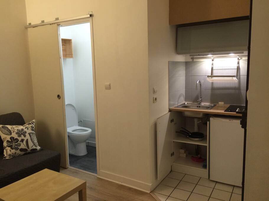 Pièce à vivre avec coin cuisine, canapé lit convertible et salle de bain