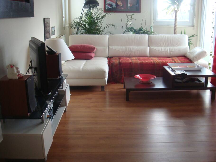 living cuir sur parquet miel
