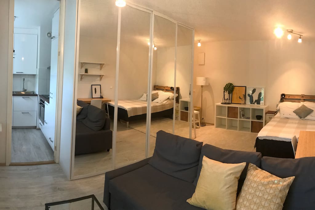 Living space with bed, sofa-bed and closet.