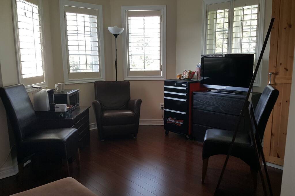 The seating area with mini fridge, microwave, TV, chairs