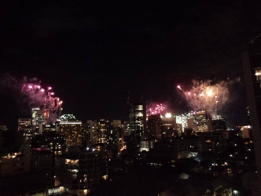 Fireworks over Brisbane City during Riverfire - view from balcony