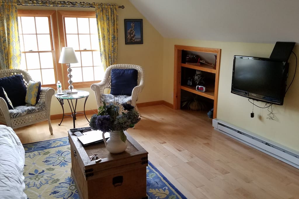 Over the air HD TV with DVD player. Microwave & coffee maker in room.