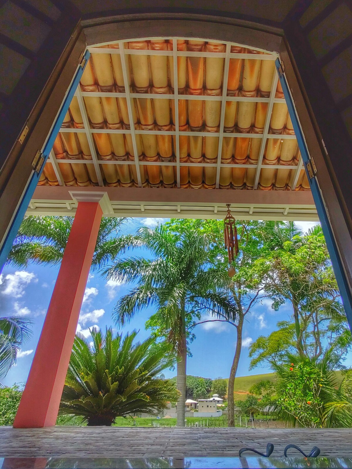 A view from an open doorway reveals a vibrant outdoor scene, framed by palm trees and colorful foliage. The sky is bright with scattered clouds, and a glimpse of the rural landscape is visible in the distance, enhancing the feeling of nature's serenity.