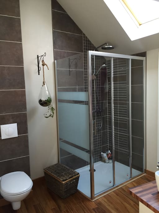 Salle d'eau avec grande douche à l'italienne sous un grand velux