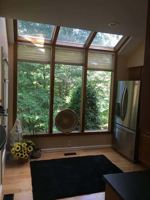 kitchen with large windows overlooking woods