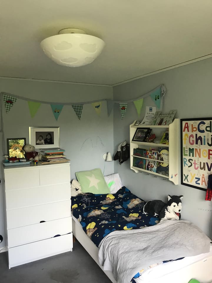 Детска соба со единечен кревет со нормална големина, горен кат 