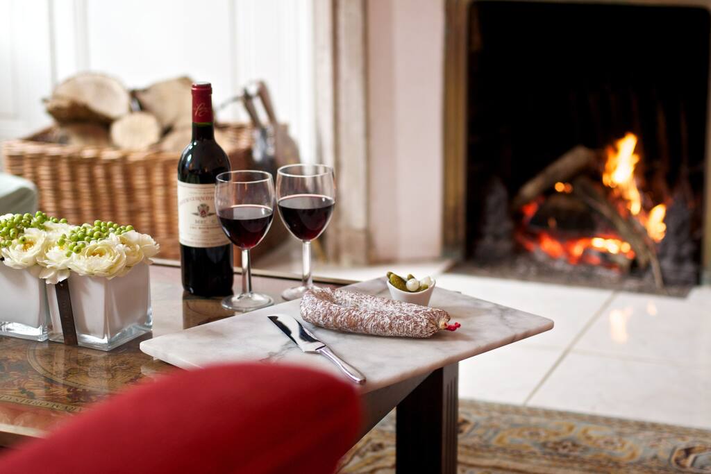 The open fireplace in the living room