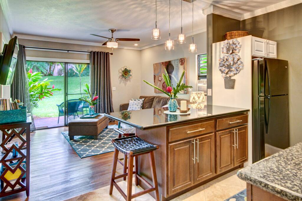 Fully stocked Kitchen, new appliances, including a fridge with freezer and ice maker, Double oven, Microwave and dishwasher. Oversized breakfast bar with seating for 4 guests. Enjoy your meals in or BBQ at one of the 3 BBQ areas on the property.