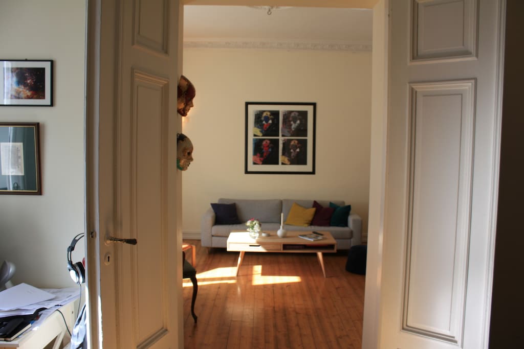 Double doors between living room and library