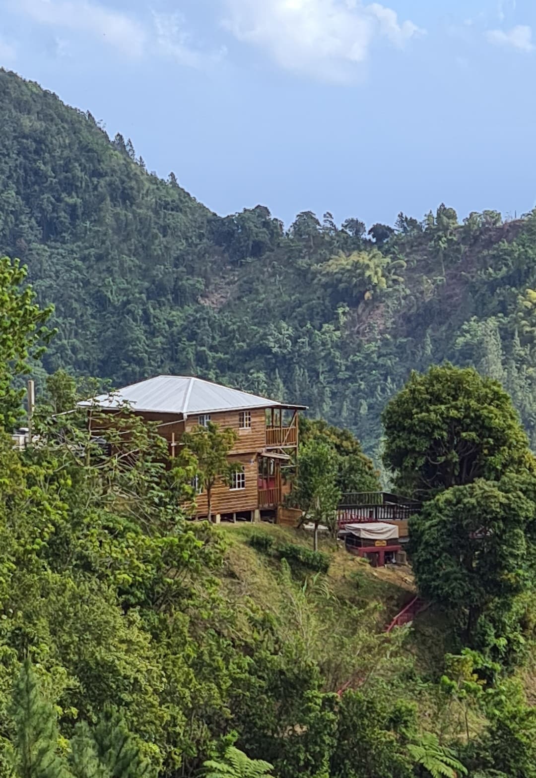 A wooden cabin is nestled among lush greenery, with a sloping roof and multiple levels. A large deck extends from the second floor, offering scenic views of the surrounding mountains, while vibrant trees frame the cabin, enhancing its natural setting.