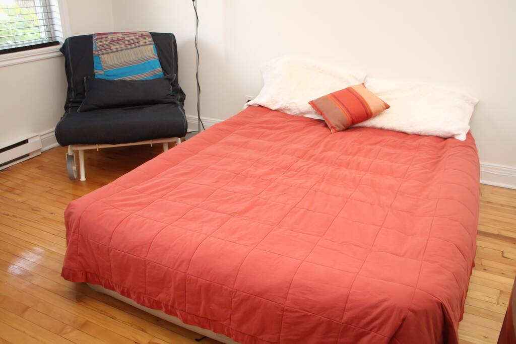 Private room with queen inflatable bed and single sofa bed