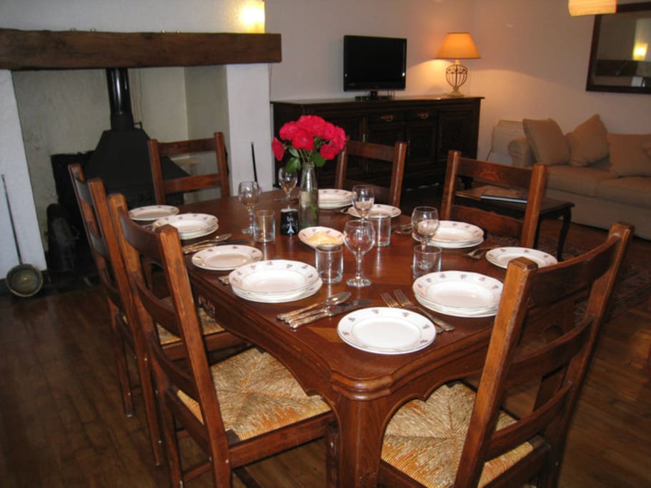 Our dining table, set with our unique local antique crockery.