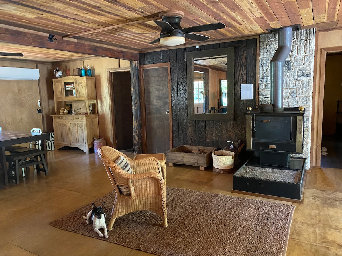 A spacious living area features wooden ceilings and warm tones. A comfortable wicker chair is positioned next to a rustic fireplace. A dog rests on a nearby mat, while a dining table and chairs are visible in the background, contributing to a welcoming environment.