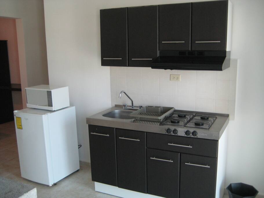 Cocina integral completa con refrigerador y horno de microondas