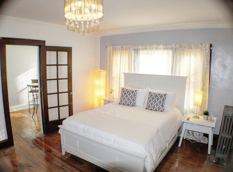 Glam light, french door leading to kitchen area
