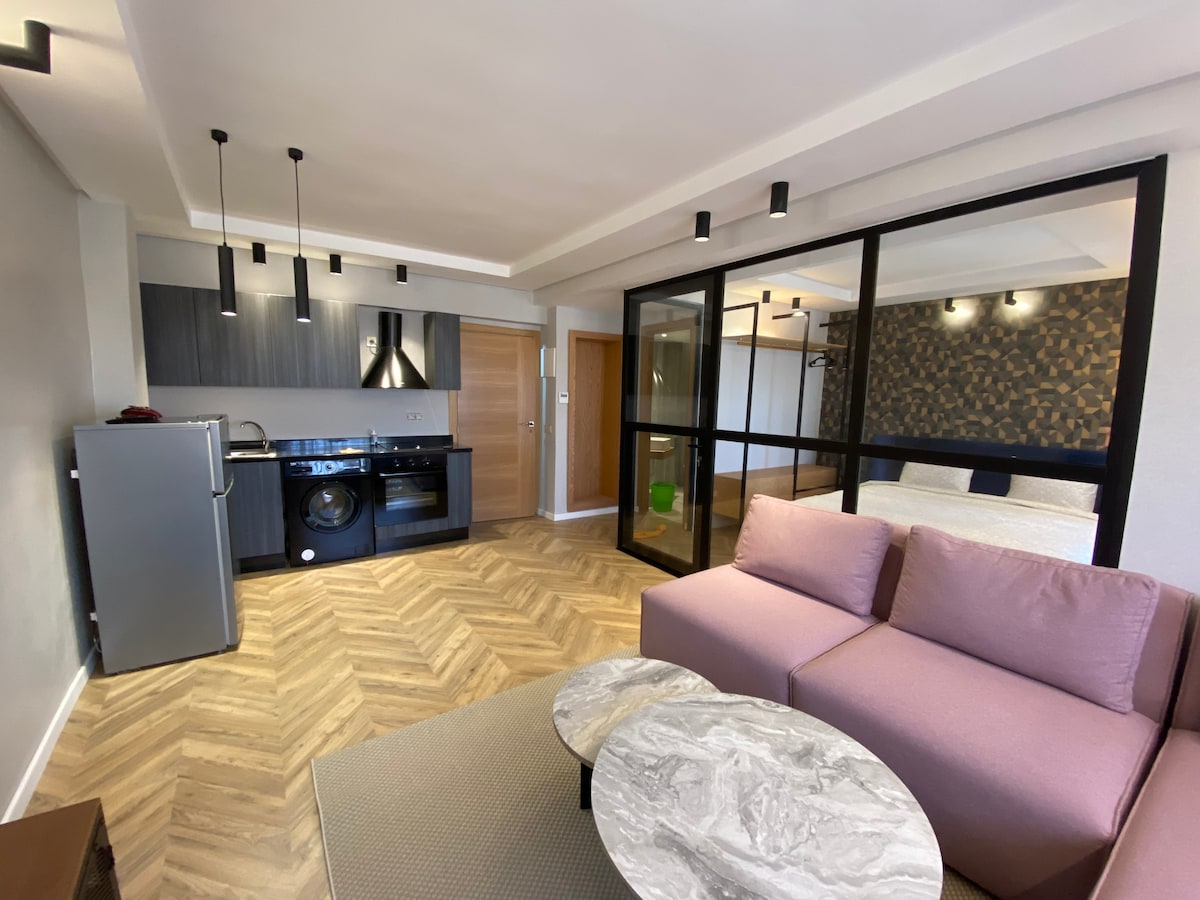 An open living space is showcased, featuring a modern kitchen area with dark cabinetry and stainless steel appliances. A cozy seating arrangement is present, consisting of a soft pink sofa positioned near round marble-top tables. Glass partitions separate the kitchen from the sleeping area, enhancing the layout.