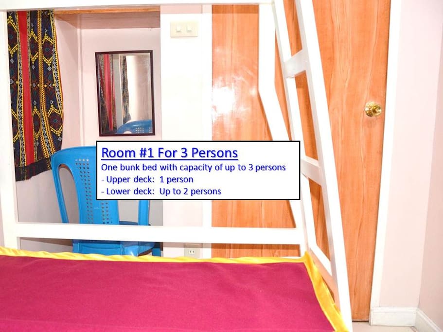 Bedroom #1
Sleeps up to three people on bunk bed, Bed sizes (Width x Length), Upper deck 36 x 72 inches (Sleeps one), Lower deck 42 x 72 inches (Sleeps up to two). Note: Bathroom/Toilet assigned to Bedroom #1 is located in front of the room...about 4 meters away.