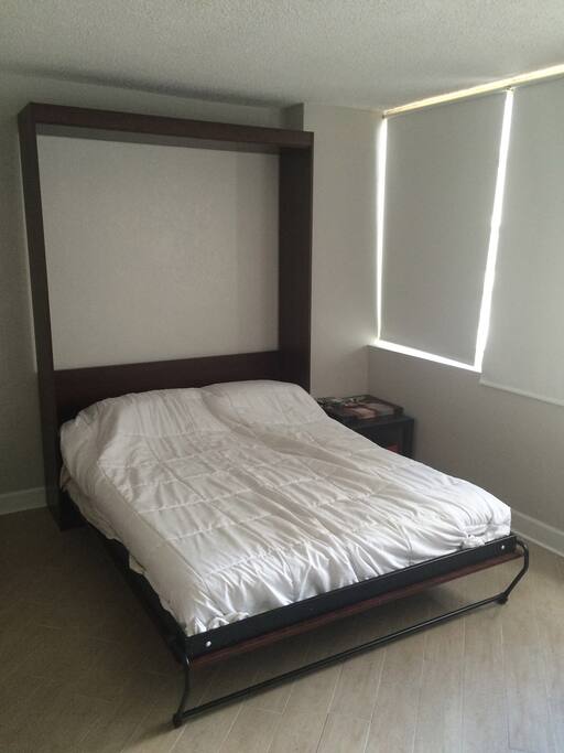 Murphy bed opened. The mattress is a very good mattress which keeps its comfort-ability even with this bed.