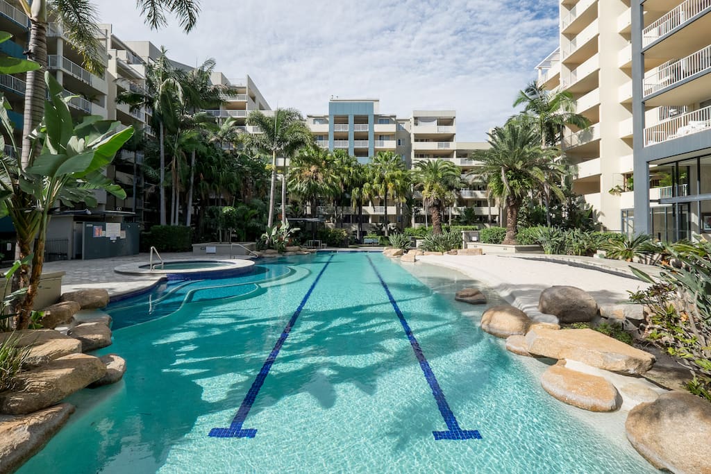 Want some exercise swimming laps? Or just lounge in the sun on this real sandy beach.