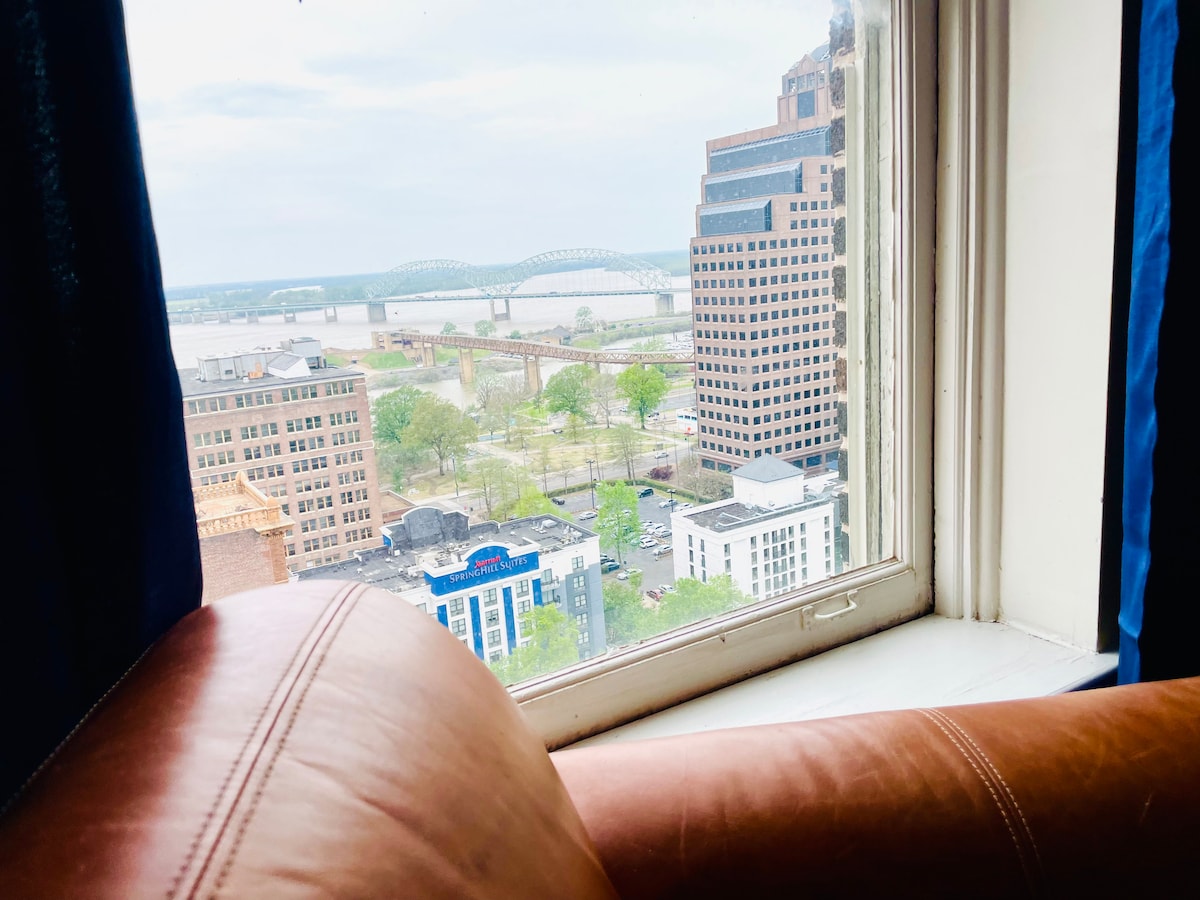 A view of the city skyline is framed by a window with blue curtains. Below, green trees line a park alongside a river, with bridges visible in the distance. A portion of a brown leather chair is seen in the foreground, enhancing the inviting setting.