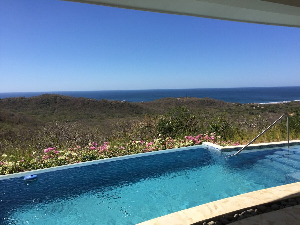 An inviting infinity pool blends seamlessly with the horizon, offering panoramic views of the Pacific Ocean and surrounding landscape. Vibrant flowering plants frame the pool area, enhancing the serene atmosphere of the outdoor space.