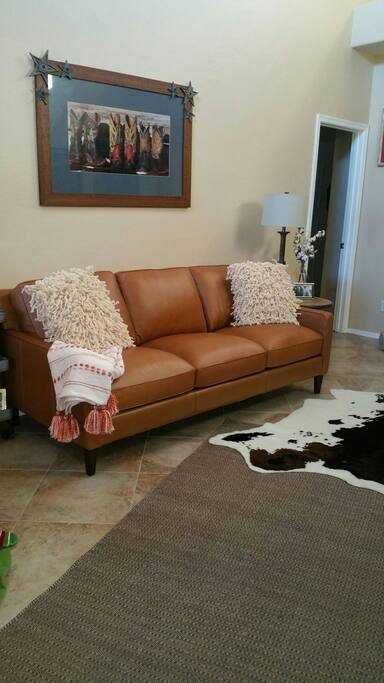 Comfortable leather sofa in the living room.