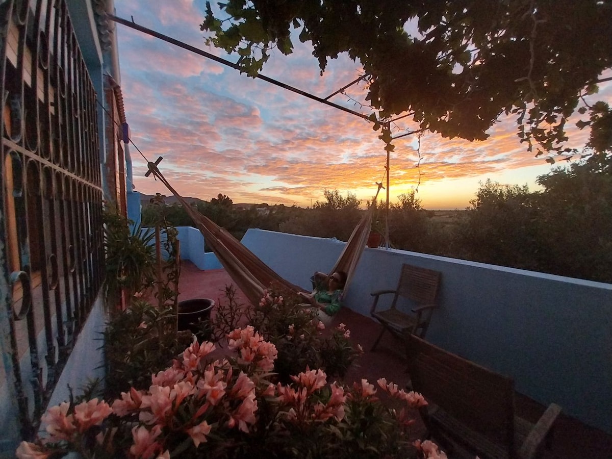 A terrace features two hammocks gently swaying beside potted plants. A vibrant sunset casts warm colors across the sky, while a few wooden chairs are positioned for relaxation. The view includes distant trees and a hint of landscape in the background.