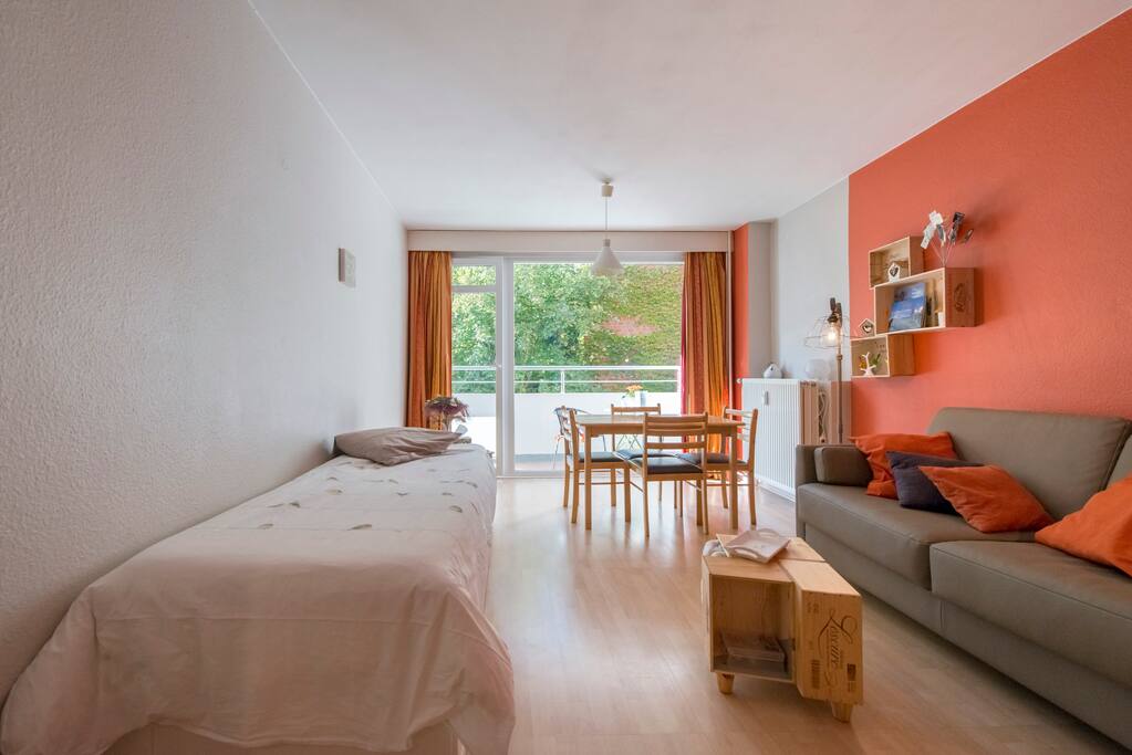 Vue du séjour divan lit et lit gigogne. Nous pouvons acceuillir 3 personnes maximum.