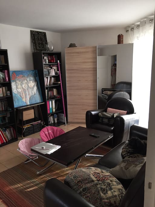 Salon lumineux, avec une armoire dont la moitié est à votre disposition pour vos vêtements.
