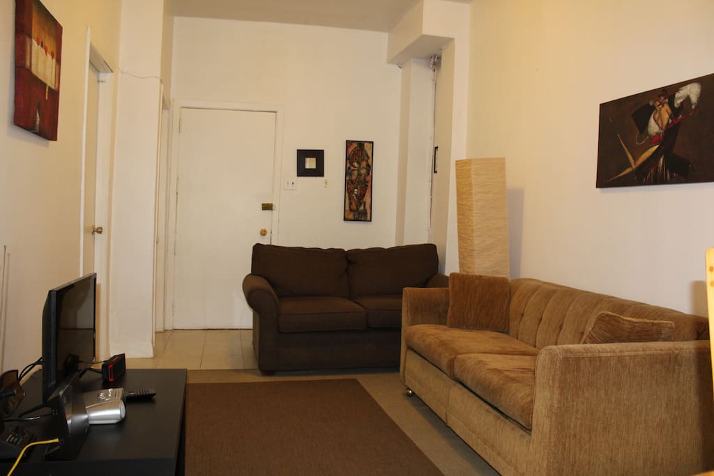 Sofa bed and couch. There is a lot of space and natural light. The apartment is on second floor.