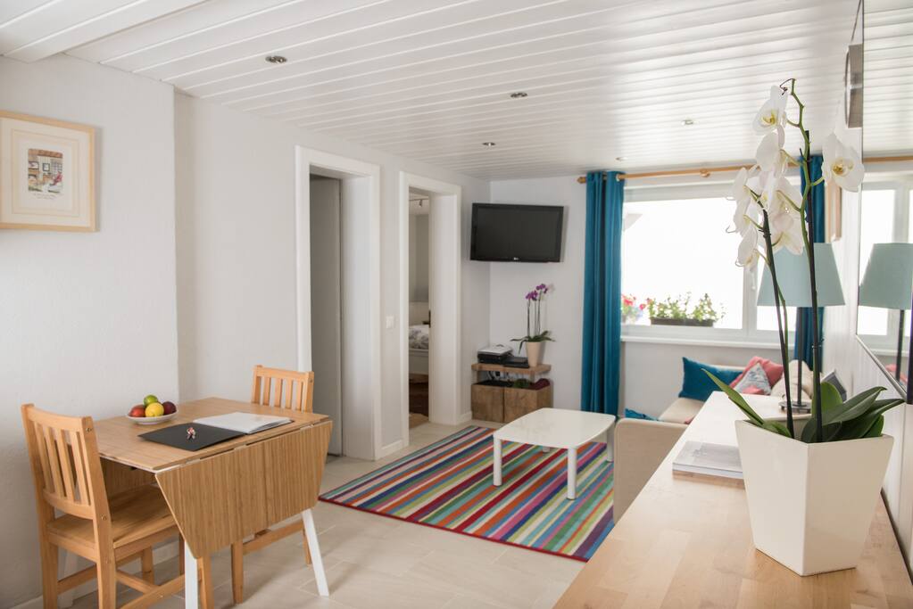 The dining table and living area showing doors to bathroom and bedroom