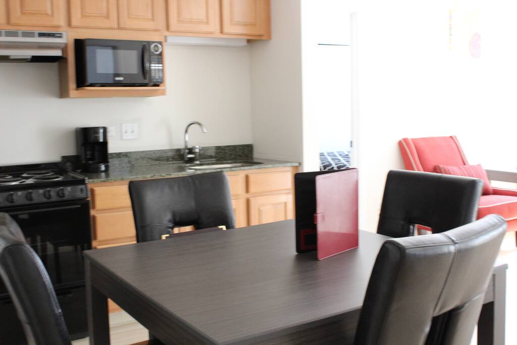 Dining seats four. Large kitchenette with all your basic utensils and supplies!
