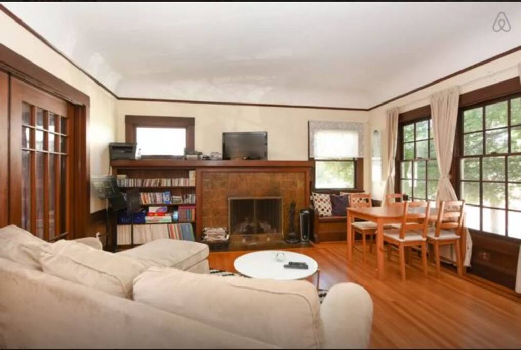 Indoor fire place, workspace, cozy sitting area