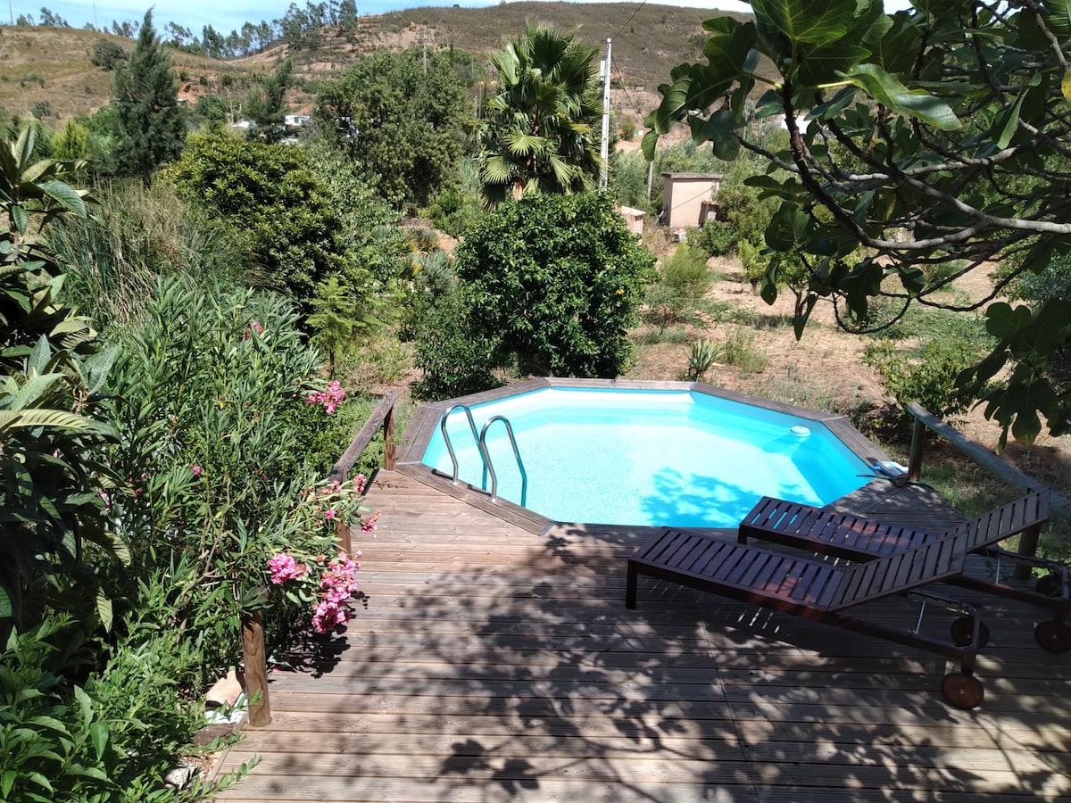 A private pool is framed by a wooden deck, surrounded by lush greenery and vibrant flowers. Two reclining loungers are positioned nearby, inviting relaxation. The serene outdoor space is complemented by gentle hills in the background, creating a peaceful natural setting.