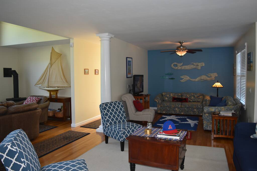 TV room with seating and ceiling fan