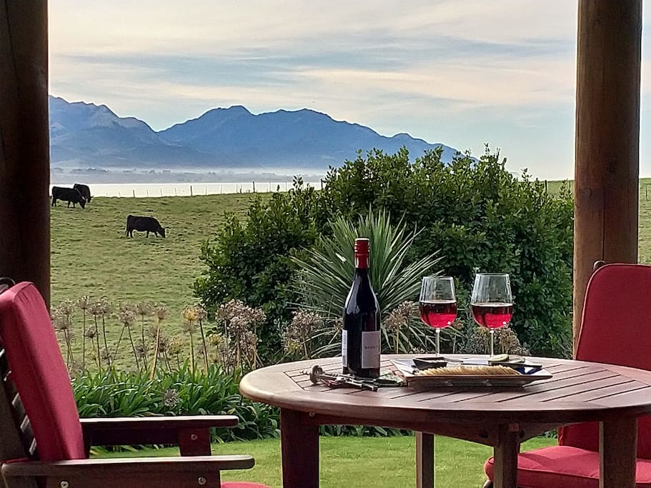 Farmland + mountains + sea = a wonderful place to relax and unwind on our private north deck.