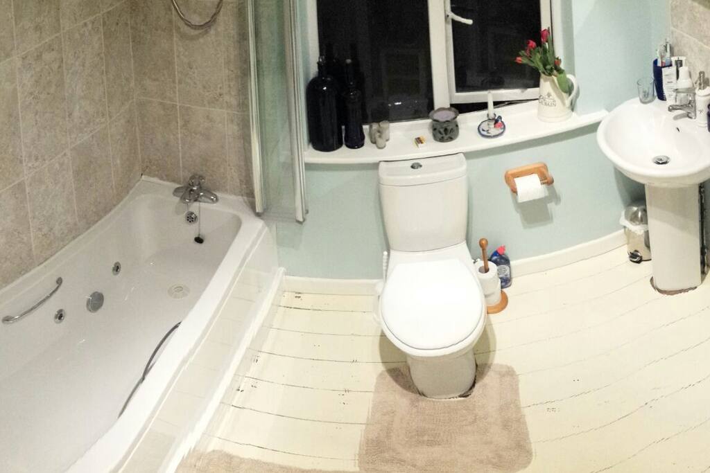 Main bathroom with jacuzzi bath and shower.
