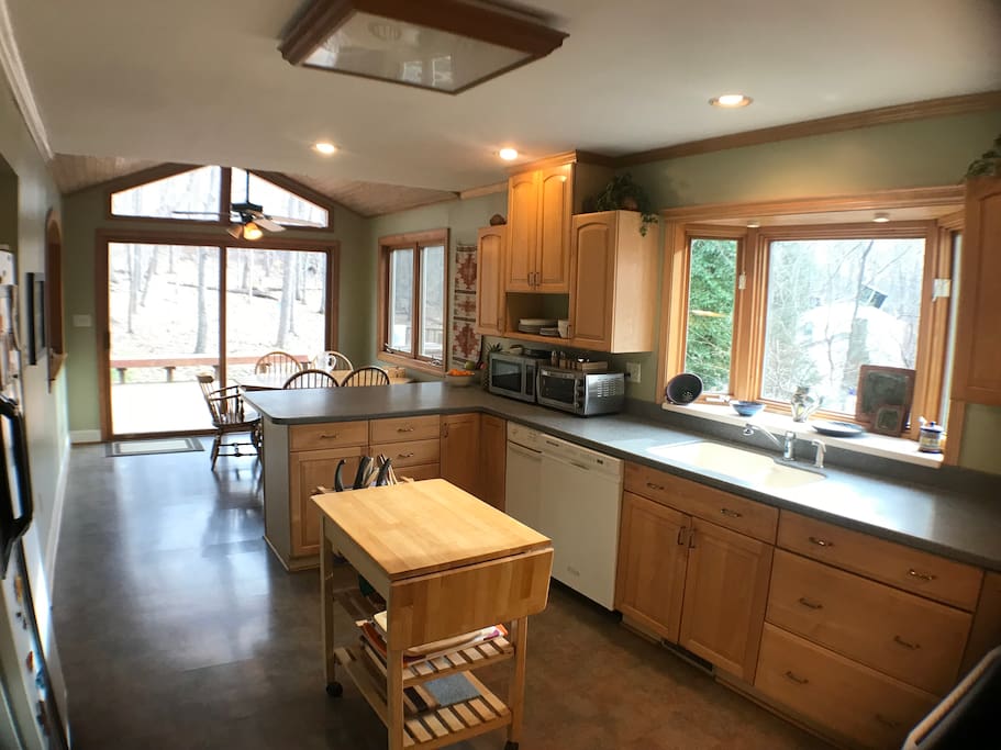 Kitchen and breakfast area look onto deck and woods