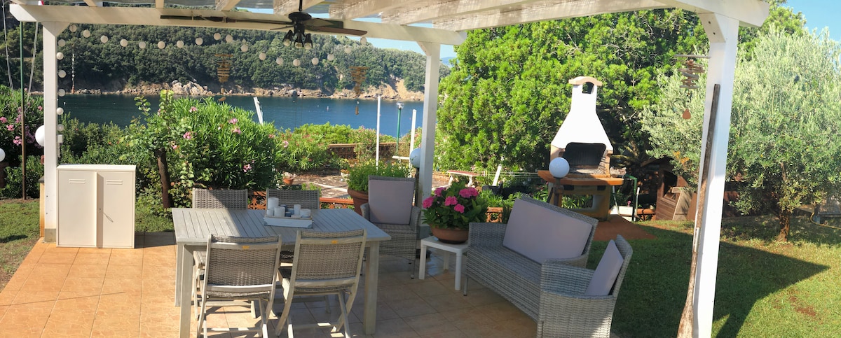 A private garden patio is furnished with a dining table and chairs, accompanied by cushioned seating. Surrounding greenery is enhanced by blooming flowers. A barbecue area is visible, and the serene sea view completes the setting under the shaded pergola.
