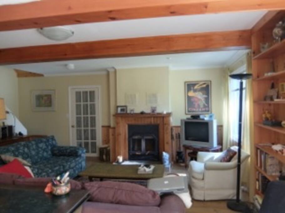 Fully operational fireplace and large living space with sofa large enough to accommodate another sleeper.