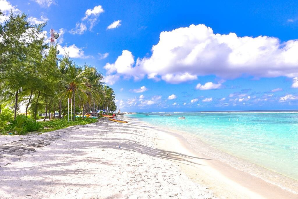 A tranquil beach stretches along the shore, featuring soft white sand and gentle turquoise waters. Lush palm trees line the edge, providing shade. The sky is bright, interspersed with fluffy clouds, while small boats can be seen in the distance, creating a serene coastal scene.