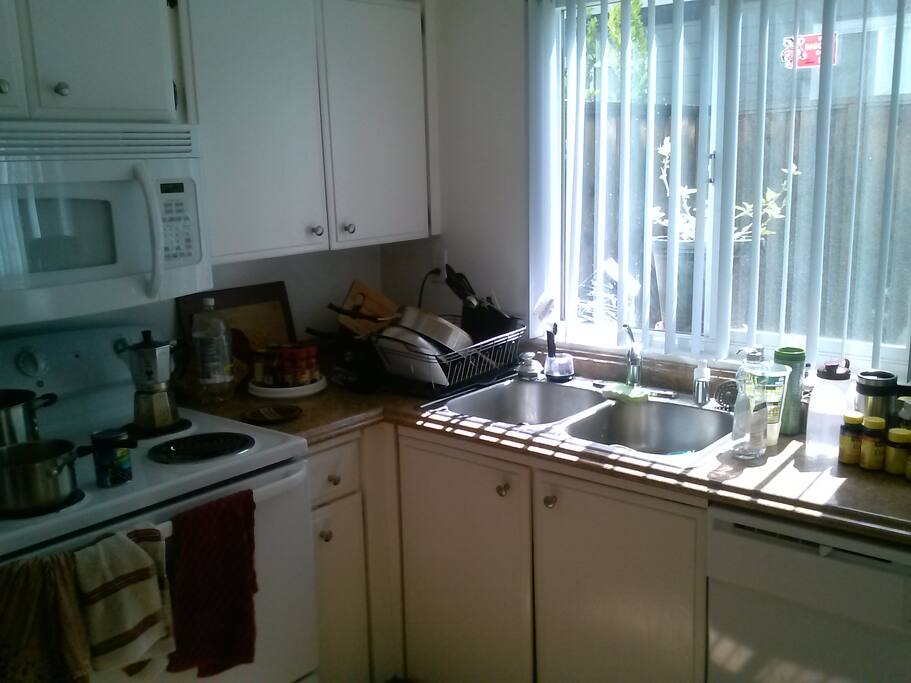 View of petite kitchen, stove, and cabinets. Large pantry available for food storage. (not pictured)