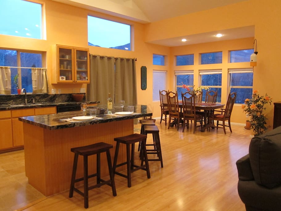 Kitchen Island and dinning area, with Powder Mt in back round