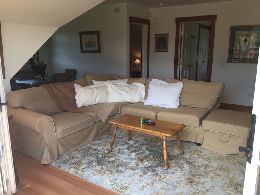 Living Room (two BR doors in back of photo, dining table on left) with a much-too comfortable sofa (easy for two to "couch potato" lol) with ottoman