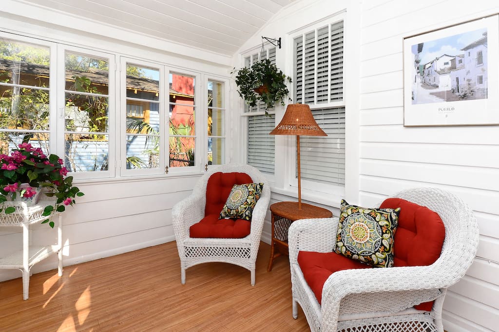 Wicker chairs on sun porch