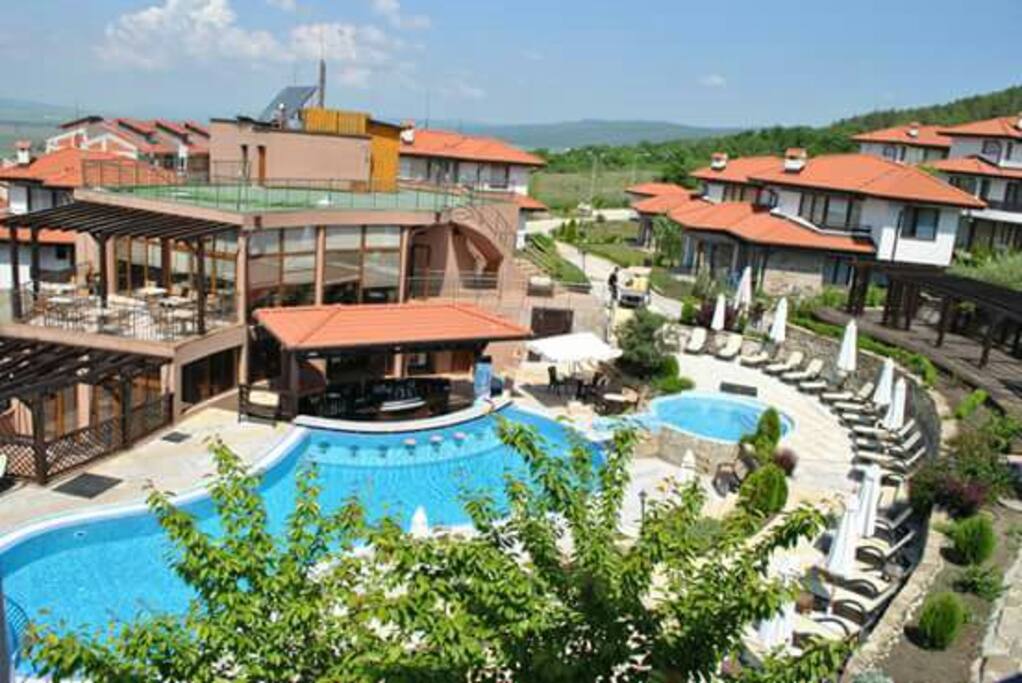 ariel view main pool and cafe bar with terrace